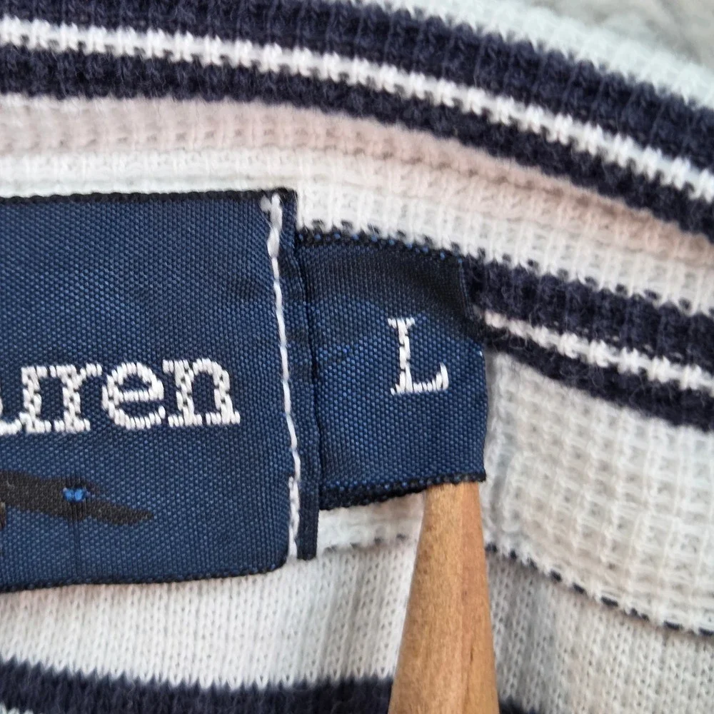 Ralph Lauren Polo Shirt Mens L Big Waffle Knit Striped Button Down White Navy